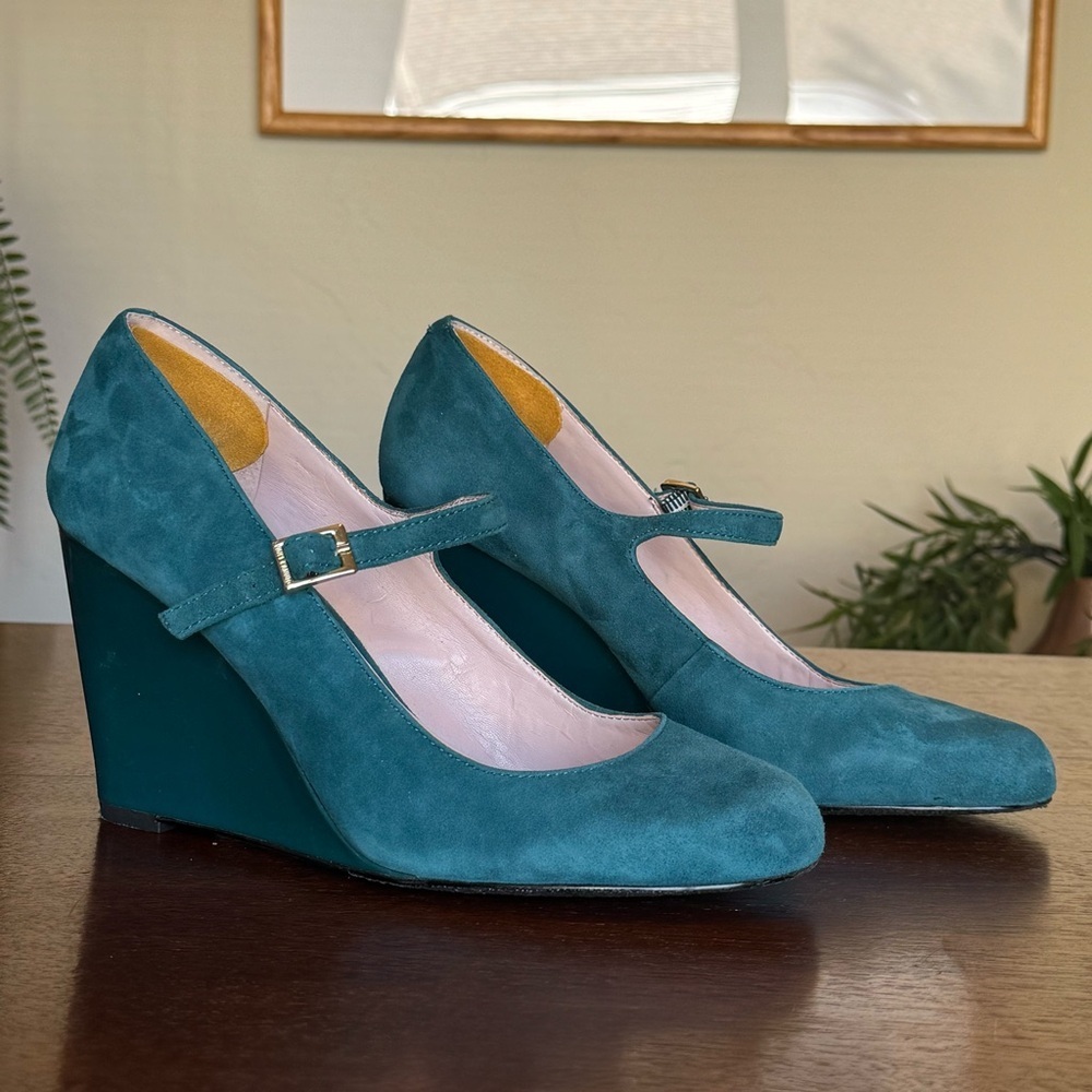 Vince Camuto Mary Jane Wedge Heels Magie Suede Leather Teal Blue/Green | Size 8 - Picture 2 of 10